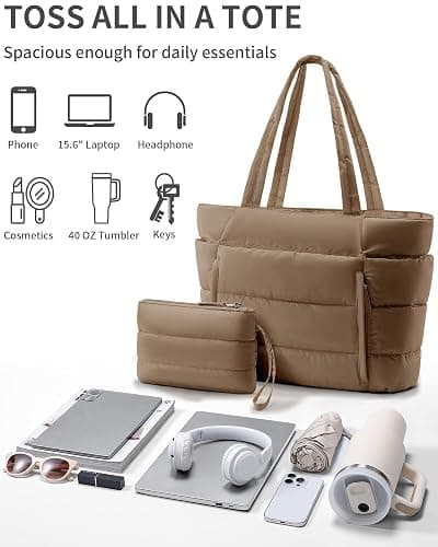 Puffer Tote Bag for Women, Lightweight Puffy Work Handbag Teacher Nurse Quilted Shoulder Bag for School Travel Gym thumbnail 6