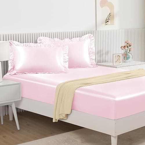 Homiest 2-Pieces Ruffle Pillow Case & Satin Fitted Sheet Set, Blush Pink Twin Satin Sheets with Ruffled Pillow Shams, 15 Inch Deep Pocket, Cute & Coquette Silk-Like Bed Set for Decorating Bedroom thumbnail 4