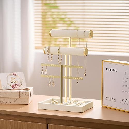 Bracelet Holder Jewelry Organizer Display - Beige Jewelry Velvet Stand,  3 Tier T Bar Storage for Bracelet, Necklaces, Earrings, Rings, Watches thumbnail 6