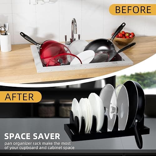 MinBoo Bamboo Pot Lid Organizer Pot Lid Holder, Pot and Pan Organizer Drawer Organizer for Pot Lids, Pans, Cutting Boards & Baking Sheets, Dinner Plates, Reusable Containers in Cabinet Storage,Black thumbnail 4