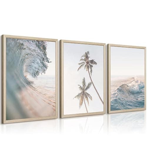 Beach Wall Art Pictures Coastal Canvas Wall Decor Ocean Waves Poster Blue Beach Scene Artwork Palm Tree Art Coastal Landscape Prints for Living Room Bedroom 12x16 Inch Framed Set of 3 - Image 1