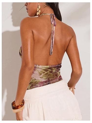 SOLY HUX Women's Cowl Neck Halter Tops Mesh Floral Deep V Neck Draped Front Backless Summer Going Out Crop Tank Tops thumbnail 2