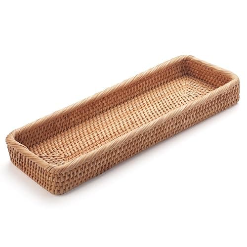 Rattan Bathroom Vanity Trays Toilet Tank Baskets Long Narrow Hand Towel Storage Basket for Storage, Decorative (Natural 16.3 x 6.1 x 2 inch) thumbnail 4