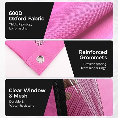 3 Ring Pencil Pouch for Binder, 2-Pocket Zipper Pencil Case with Clear Window & Mesh Pocket, Heavy Duty 600D Oxford Fabric Binder Pouch for School Office Supplies, Fits Standard 3-Ring Binders, Pink thumbnail 5