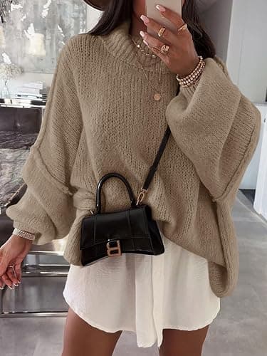 Saodimallsu Womens Oversized Sweaters Mock Neck Batwing Long Sleeve 2025 Fall Trendy Ribbed Knit Casual Tunic Sweater thumbnail 3