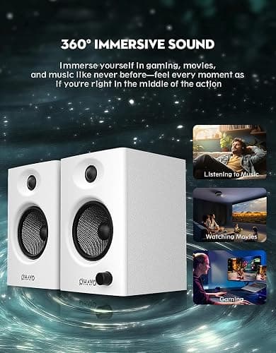 OHAYO 60W Computer Speakers for Music and Gaming, Active Bluetooth 5.3, Stereo 2.0 Speakers for Desktop PC or Laptop, 3.5mm Aux RCA Input, USB-Powered, 1 Pair, White thumbnail 5