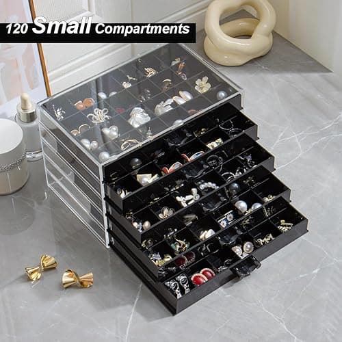 YUFONG Earring Storage Box Organizer, Acrylic Jewelry Storage Box Holder 5 Drawers Transparent Jewelry Display Stand with 120 Small Compartments Gift Boxes for Women Girls (Black) thumbnail 5