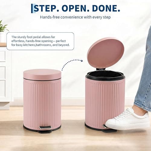 Garvee Bathroom Trash Can, 5L/1.3 gal Round Wastebasket with Soft-Close Lid | Step Foot Pedal, Removable Inner Bucket, Brushed Stainless Steel, for Office, Bedroom, Toilet, Live Room-Pink thumbnail 6
