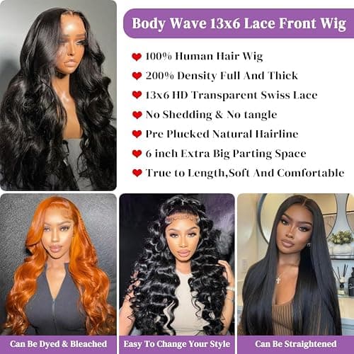 32 Inch 13x6 Body Wave Lace Front Wigs Human Hair 200 Density HD Lace Front Wigs Human Hair Pre Plucked Brazilian Virgin Wigs Human Hair for Women Glueless Lace Frontal Wig Natural Black Body Wave Wig thumbnail 3