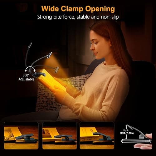 Gritin 19 LED Rechargeable Book Light for Reading in Bed with Memory Function- Eye Caring 3 Color Temperatures,Stepless Dimming Brightness,80 Hrs Runtime Lightweight Clip on Light for Book Lovers thumbnail 6