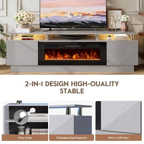 OneBlis 70" TV Stand for Living Room, Entertainment Center with Storage Cabinet, Fits TVs up to 80", Modern Media Console with Shelves, 36" Electric Fireplace (Grey+Black) thumbnail 6