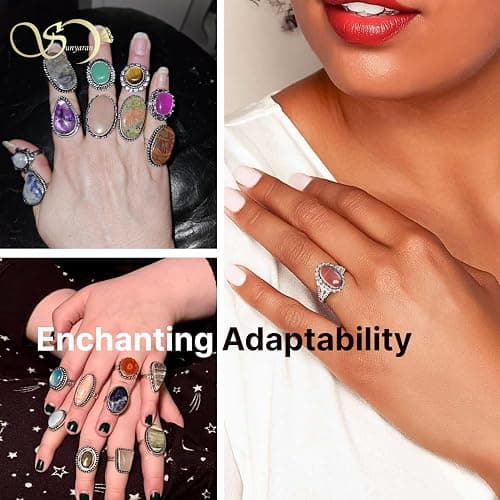 SUNYARAN Handmade 10 Pcs Adjustable Gemstone Ring Set for Women, Silver Plated Fashion Boho Knuckle Rings, Vintage Gothic Statement Jewelry Gift Pack thumbnail 5