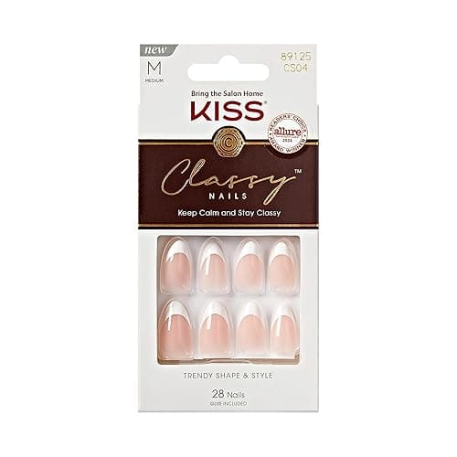 KISS Classy, Press On Nails, Nail glue included, 'Dashing', White, Medium Size, Almond Shape, Includes 28 Nails, 2g glue, 1 Manicure Stick, 1 Mini File - Image 1