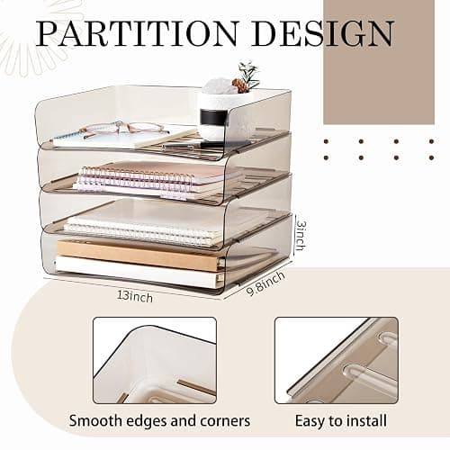 Harloon 4 Tier Acrylic Paper Tray 13 x 9.8 x 3 Inches Stackable Letter Clear Organizer No Need to Assemble Acrylic Paper Organizer File Tray for Office Workspace Desktop Storage (Transparent Gray) thumbnail 3