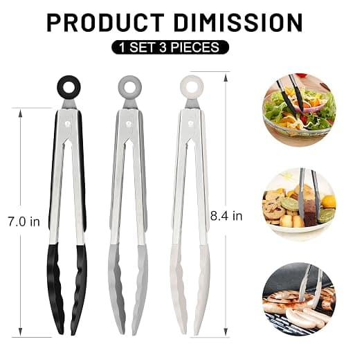 Hotec Mini Silicone Kitchen Tongs for Cooking - 7-Inch Small Serving Tongs with Silicone Tips, Set of 3 (Black,Grey,Khaki) thumbnail 3