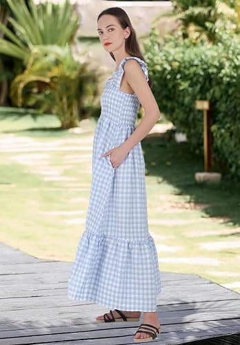 chouyatou Women's Retro Plaid Smocked Dress Spaghetti Strap Flounce Long Dress thumbnail 4