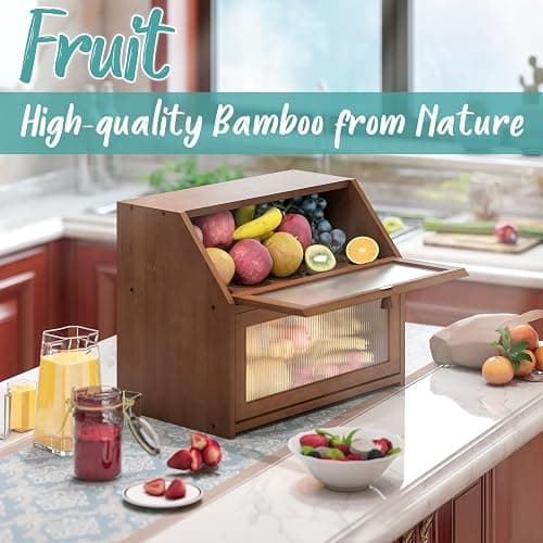 Vriccc Bread Box for Kitchen Counter, Large Bamboo Wood Double Layer Bread Box, Wooden Bread Storage Capacity thumbnail 2
