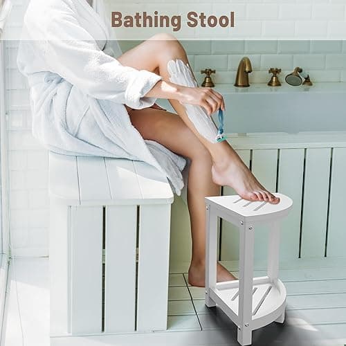 ONSGLM Shower Stool for Inside Shower, Corner Shower Bench Seat, HDPE Waterproof Shower Stool for Shaving Legs with Baffle Storage Shelf, Shower Seat/Foot Rest for Bathroom, Indoor/Outdoor Use, White - White thumbnail 4