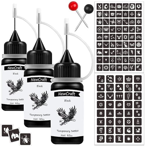 3 Packs Black Temporary Tattoo Ink and Stencils for Adults Teens Kids, Temporary Tattoo Kit Skin Friendly - Image 1