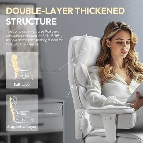 Dowinx Big and Tall Office Chair with Pocket Spring Cushion,High Back Computer Gaming Chairs with Adjustable Armrests,Executive Desk Chairs with Lumbar Support and Footrest,Fabric White thumbnail 3