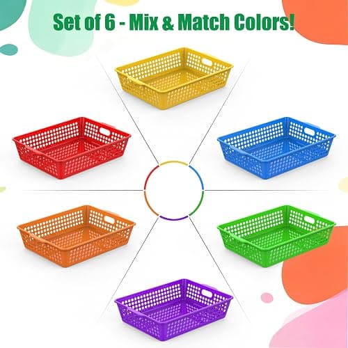 QRRICA 6 Pack Plastic Classroom Storage Baskets, Paper Trays for Classroom Organization & Turn in Trays for Teachers, Students, Desk Organizer Bin 13.8x10.6x3.1 Inch (Rainbow) thumbnail 5