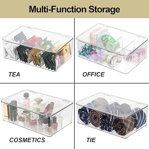 ZEXALOR Clear Tea Bag Organizer, Dresser Organizers Drawer Organzier Storage Container with Removable Dividers, Plastic Storage Bin with Lid, Organizer for Scarves Ties Bras thumbnail 4