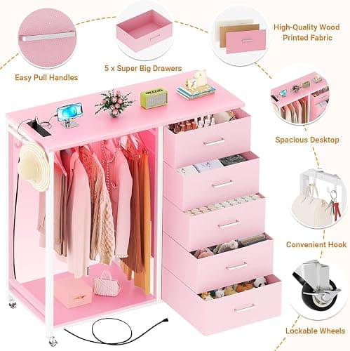 iSunirm 2 in 1 Chest of Drawers, Dresser for Bedroom,5 Fabric Drawers Dresser with LED Lights & Charging Station,Open Wardrobe with Clothes Rack,Pink thumbnail 7