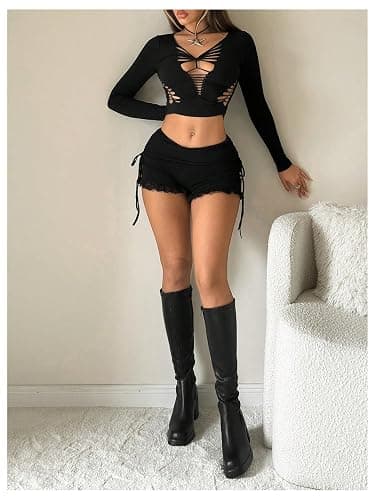 WDIRARA Women's Lace Low Rise Stretchy Ruffle Going Out Mini Shorts | Fold Over, Side Drawstring Ruched, Micro, Cute, Low Waisted, Lace Up, Booty Shorts thumbnail 5