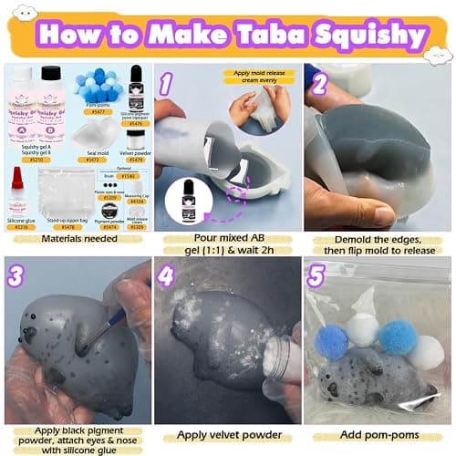Taba Squishy Kit Seal Silicone Mold 4''+Liquid Gel+Flocking Cute Animal Maker Set thumbnail 4