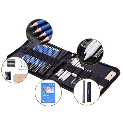 H & B 33pcs Sketch Pencils Set Artists Drawing Kit in Pencil case with Pencil Sharpener Art Supplies for Student Painter Beginner thumbnail 3