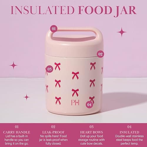 Paris Hilton Stainless Steel Food Jar, Double Wall Vacuum Sealed Insulated Food Storage Container with Carry Handle Lid, 12-Ounce, Pink with Bow Design thumbnail 3