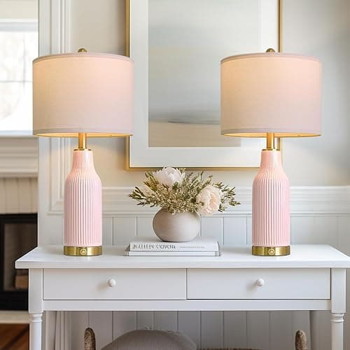 USumkky 24.5" Modern 3-Way Dimmable Touch Control with 5FT Cord & USB A+C Ceramic Lamps Set of 2 Table Lamp for Living Room Bedroom Farmhouse Nightstand Bedside Pink - Image 1