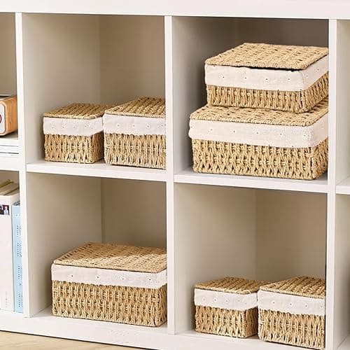 ZHYOPING 3er Set Aufbewahrungskorb mit Deckel – Körbchen Geflochten aus Papierseil, 3 Größen Körbchen mit Futter, Boho-Decor Aufbewahrungskörbchen für Badezimmer, Spielzeug, Wohnzimmer & Schlafzimmer thumbnail 5