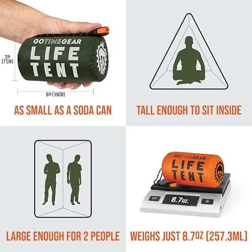 Go Time Gear Survival Life Tent • 2 Person Mylar Emergency Shelter Tube Tent + Paracord • All-Weather Protection for Camping, Hiking, & Survival Kits • Includes Emergency Whistle thumbnail 2
