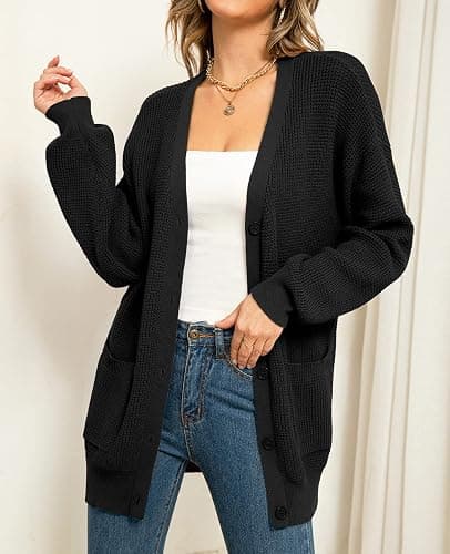 QUALFORT Women's 100% Cotton Cardigan Sweaters for Women Button Down Oversized Knit Outerwear with Pockets Fall Cardigan 2025 thumbnail 2