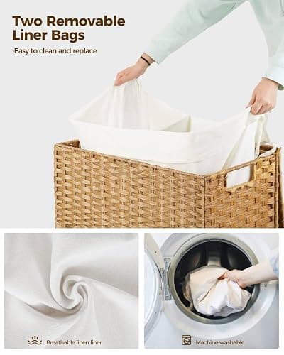 Greenstell Laundry Hamper with Wheels, No Install Needed, 110L Divided Handwoven Hampers & 2 Removable Liner Bags, Synthetic Rattan Clothes Laundry Basket with Lid & Handles, Foldable Hampers Natural thumbnail 5
