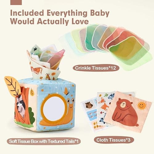 hahaland Baby Tissue Box Toy - 6 Month Old Montessori Baby Toys 6-12 Months | Sensory Pulling Play Scarf Soft Box, Crinkle Paper, Mirror, Tag for Babies Boy Girl Gifts Must Haves 1 Year Old Birthday Gift thumbnail 8