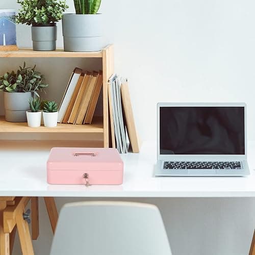 Cash Box with Money Tray and Key Lock, Money Box with Safe Locking, Money Saving Lock Box for Cash Register 11.8"x9.45"x3.54" Pink XL Large thumbnail 2