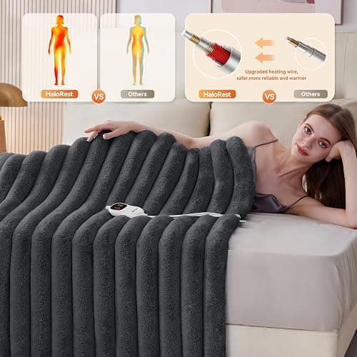 HaloRest Heated Throw Blanket, Faux Fur Cozy Heating Blanket with Overheat Protection, 1/2/4/6/8 Hours Auto-Off 10 Heat Level, Machine Washable (50x60 Inches, Darkgrey) thumbnail 4