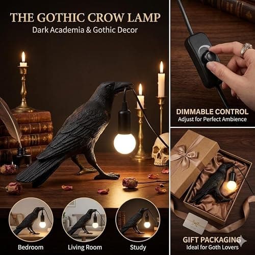OVANUS Crow Lamp Gothic Decor, Raven Table Lamp with Adjustable Brightness, Dark Academia Aesthetic Night Light for Bedroom, Halloween Black Bird Lamp, Unique Gift thumbnail 2