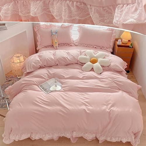 3 Pieces Pink Ruffle Duvet Cover Set for Girls Women Lace Bedding Set with 2 Pillowcases Soft Microfiber Duvet Cover Double 200 x 200 cm - Image 1