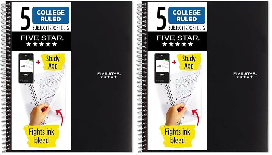 Five Star Spiral Notebook + Study App, 5 Subject, College Ruled Paper, Fights Ink Bleed, Water Resistant Cover, 8-1/2" x 11", 200 Sheets, Black (72081) (Pack of 2) - Image 1