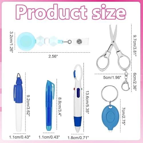 6 Pcs Nurse Pen Set, Nurse Badge Accessories, Retractable Badge Reel Clip with Mini LED Light Folding Scissors Highlighter Marker Multicolor Pen, Nursing Work Essentials Gift for Nurses Doctors Blue thumbnail 3