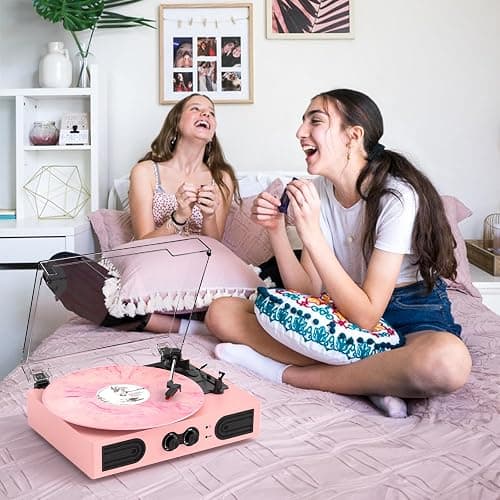Vinyl Record Player with Built-in Speakers 3-Speed Vintage Record Player Support Treble& Bass Control, 3.5mm Headphone Jack, RCA-Out/Aux in, Belt-Driven LP Turntable,Pink thumbnail 3