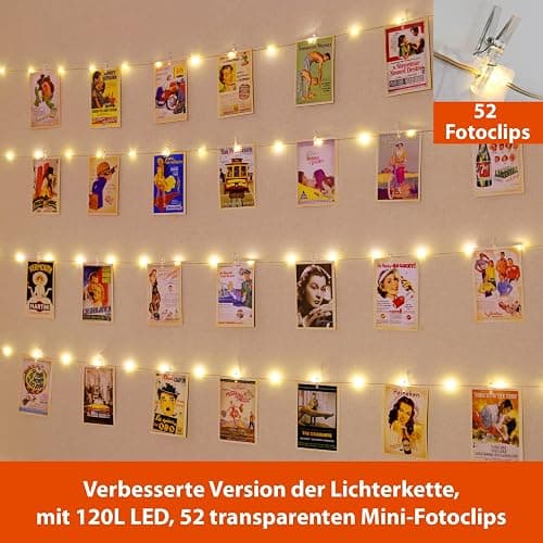 120 LEDs Fotoclips Lichterkette, Warmweiß 40ft Lichterkettes mit 52 Klammern und 12 Haken an der Wand, Timer 8 Modi USB Batteriebetrieben Foto Lichterkette für Bilder,Zimmer, Weihnachten, Hochzeiten - Warmweiß thumbnail 2