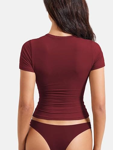 YEOREO Women's Double Lined Fitted Basic Tops Casual Short Sleeve Crew Neck T Shirt Sweeney Y2K Going Out Tee Tops thumbnail 3