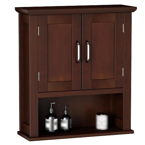 ChooChoo Wood Wall Cabinet with Doors, Medicine Cabinet with Adjustable Shelves Over The Toilet, Rustic Cabinet Wall Mounted for Bathroom, Kitchen, Living Room, Dark Cherry - Image 1