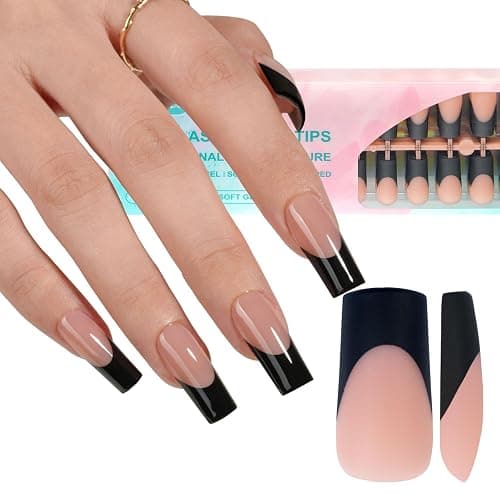 Misssix Black French Gel Nail Tips, 240Pcs French Tip Press on Nails Long Square, No Need to File 3 in 1 Tips Pre-lasting, Fake Nails for Nail Art DIY 15 Sizes - Image 1