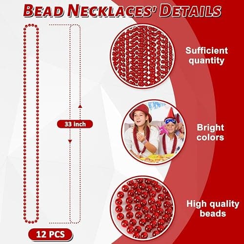 EOBOH 12PCS Bead Necklace, Red Christmas Beads Costumes Party Favors, 33" Beaded Necklace Festival Parade Throw Accessory Sets for Valentines Mardi Gras Christmas Celebrations Decorations - Red thumbnail 3