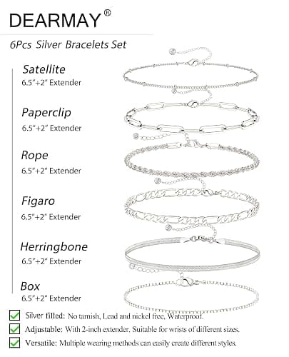 DEARMAY Dainty Silver Plated Bracelets for Women Trendy, Silver Jewelry Set for Women Bracelets for Women Paperclip Box Herringbone Figaro Rope Chain Bracelet Fashion Pack Gifts for Women thumbnail 6